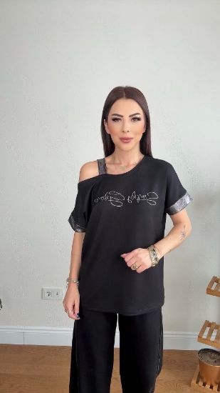 Kadın Kristal Kumaş Omuz Dekolteli Siyah Takım resmi